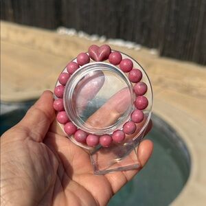 Handmade all natural Rhodonite Pink Beaded Stretch Bracelet with Heart charm.
